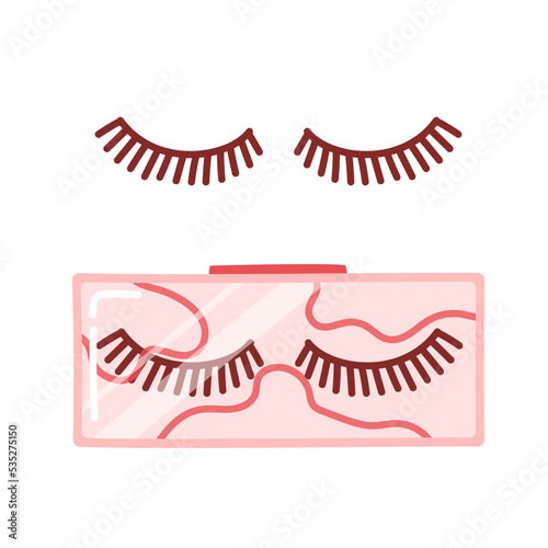 False eyelashes in pink packaging. Pair of hand drawn long lashes in cartoon style. Cute vector illustration isolated on white background.