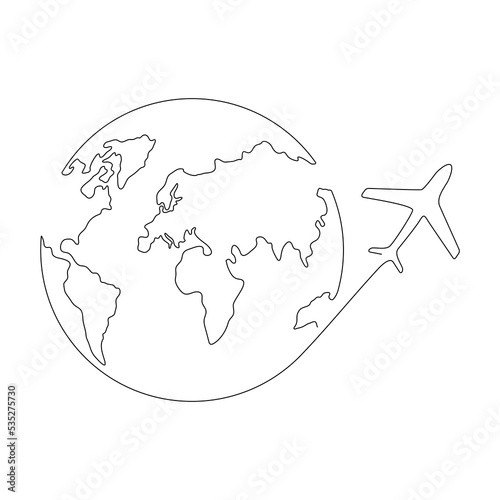 World map with flying airplane one line art. Continuous Earth doodle line drawing. Vector illustration isolated on white background.