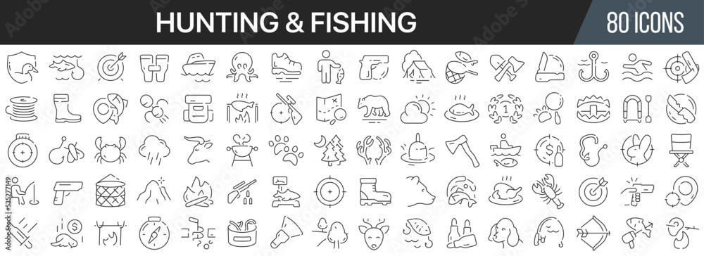 Hunting and fishing line icons collection. Big UI icon set in a flat design. Thin outline icons pack. Vector illustration EPS10 Hunting and fishing line icons collection. Big UI icon set in a flat design. Thin outline icons pack. Vector illustration EPS10