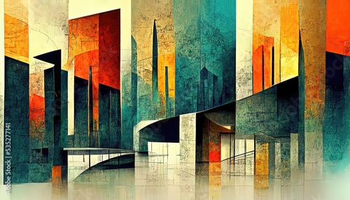 Retro, modern, abstract design elements with striking linear, technicolor modern buildings seemingly strung in the distance, deformed, watercolor textures. Background design.