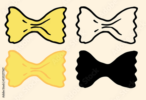 farfalle pasta pattern in flat style. options for pasta with a bow silhouette, contour, yellow color of hand-drawn pasta with a yellow bow, for a packaging design template, labels, menu