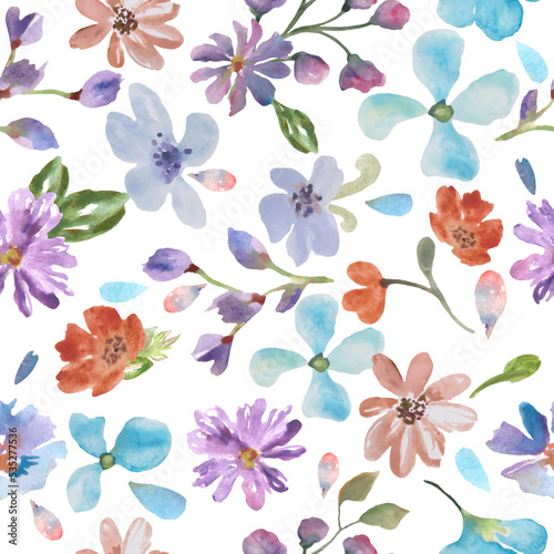 Watercolor seamless pattern with abstract different colorful flowers. Hand drawn nature illustration on white background. For interior, packaging design or print