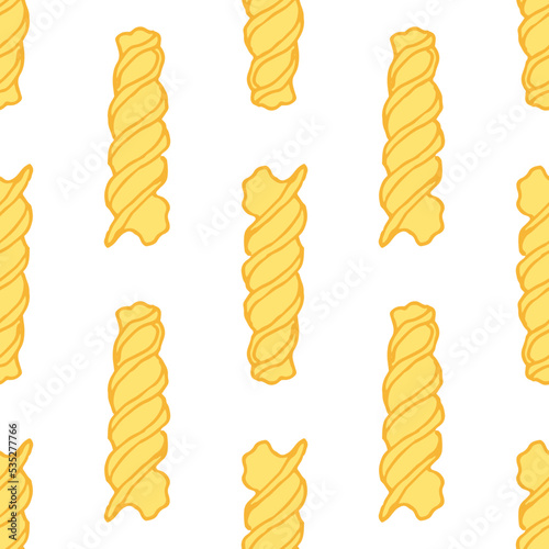 Fusilli macaroni pattern, yellow in a flat style. vertical seamless pattern of dry short pasta twisted into a spiral. Vector pattern of one-day yellow paste, drawn in sketch style. italian packaging e