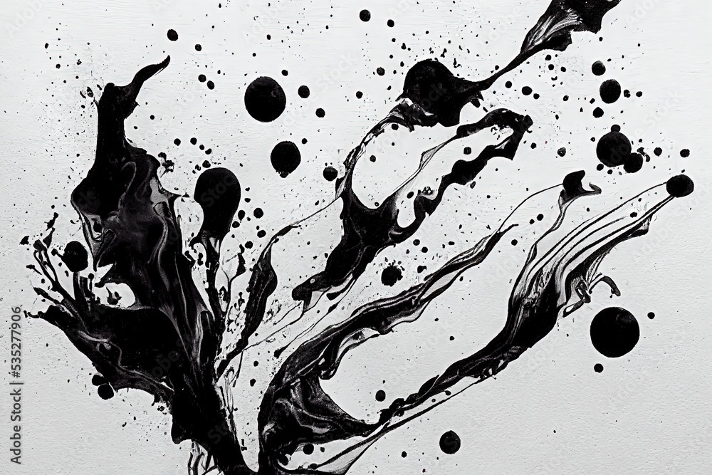 Fluid, elegant, abstract pattern of ink drops smeared on a black and ...