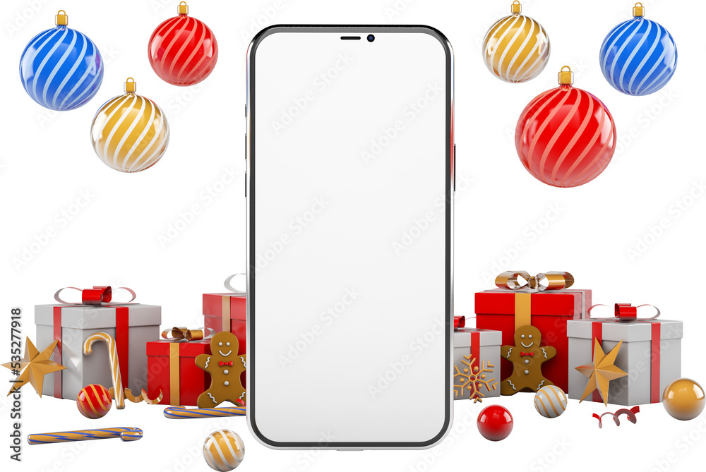Smart phone with gifts and christmas ornaments around Smart phone with gifts and christmas ornaments around