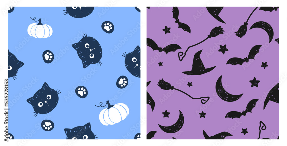 Naklejka premium Seamless pattern with black cat, pawprint, pumpkin, hat, bat and star on blue and purple backgrounds vector illustration. Cute Halloween wallpaper.