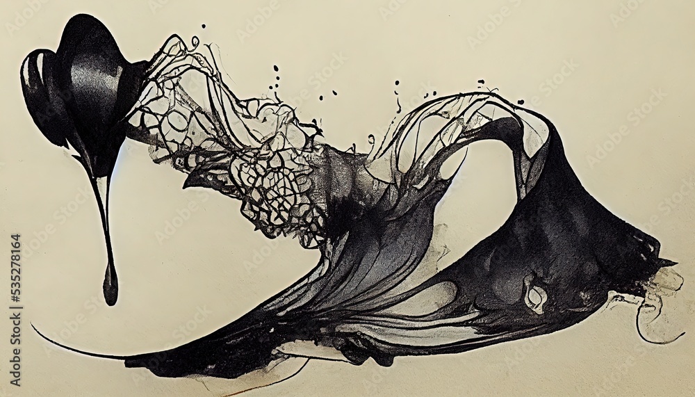 Fluid, elegant abstract pattern with black and white ink drops that ...