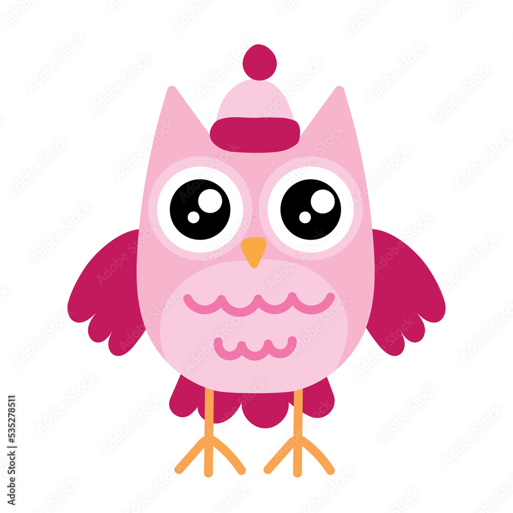 Cute pink owl in a hat. Child character for stickers, stickers, posters
