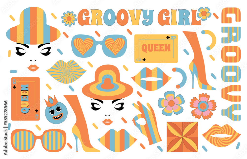 Groovy Psychedelic Retro 90s style patches collection. Groovy trendy retro hippie sticker pack. Girl face, leg, game card, flower, modern shape, 
