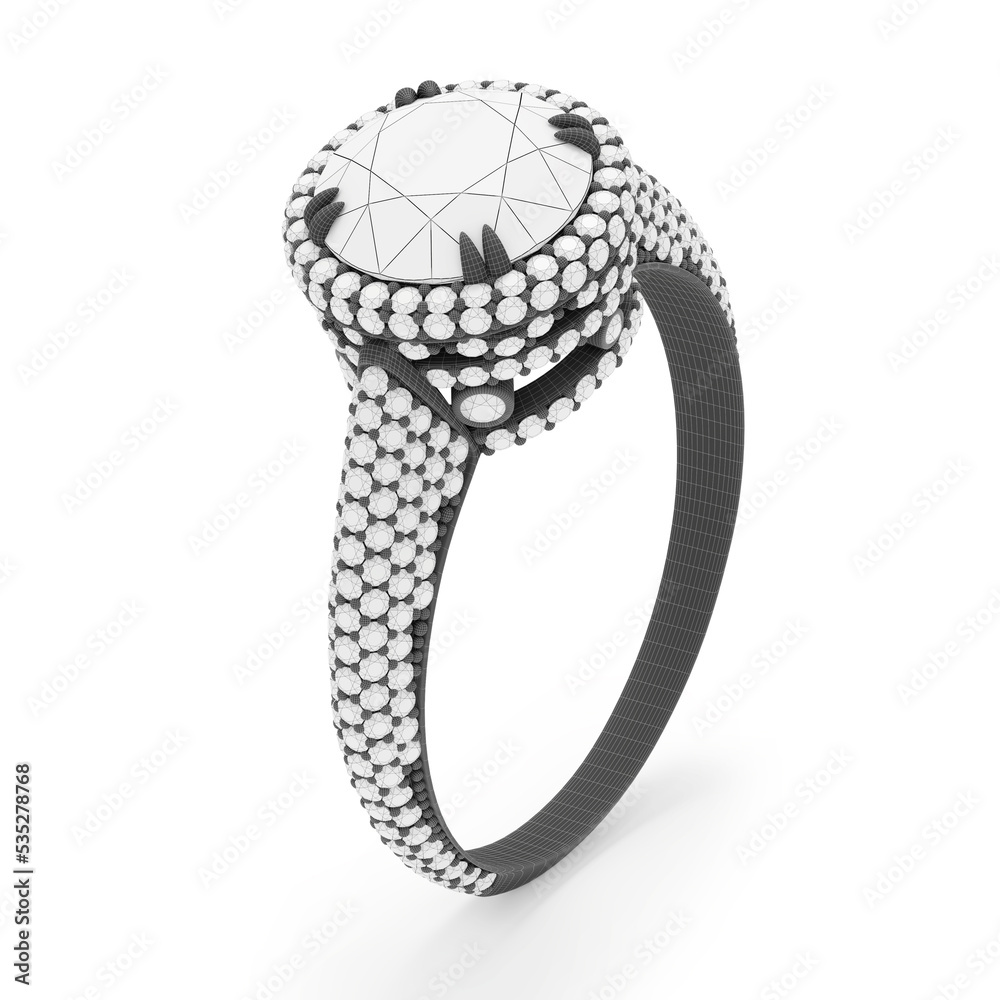 Jewelry ring with diamonds 3D rendering in gray wireframe material.