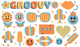 Groovy Psychedelic Retro 90s style patches collection. Groovy trendy retro hippie sticker pack. face,  flower, heart shape, modern shape,  groovy. 