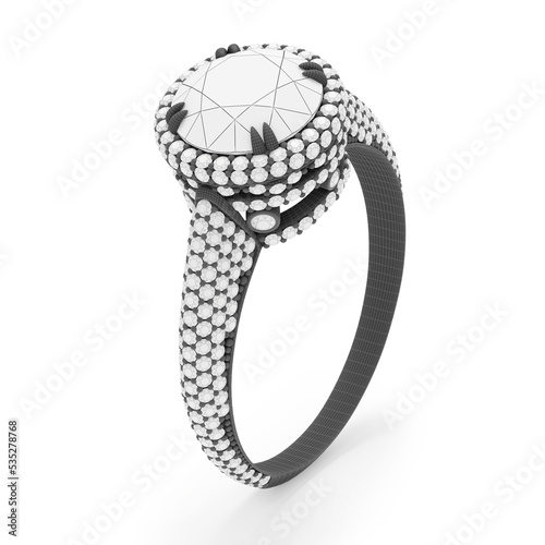 Jewelry ring with diamonds 3D rendering in gray wireframe material.
