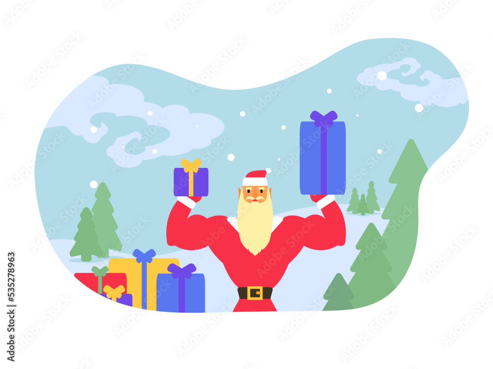 New Year illustration. Santa claus holding gifts