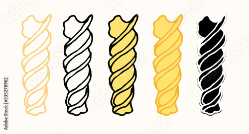 Fusilli pasta icon. a drawing of a dry short paste twisted into a spiral. Vector element made of a single dry paste, drawn with an isolated black outline and silhouette options in the sketch style. it