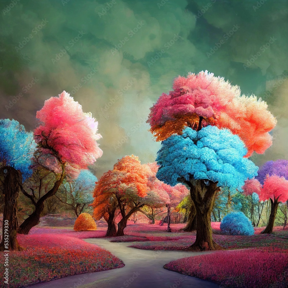 colorful dreamlike candy cotton trees in a forest, abstract pink landscape, optimism concept illustration