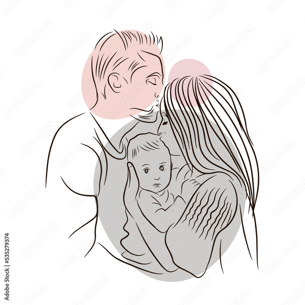 Young family, love, mom and dad hugging a newborn, warm feelings, line Young family, love, mom and dad hugging a newborn, warm feelings, line