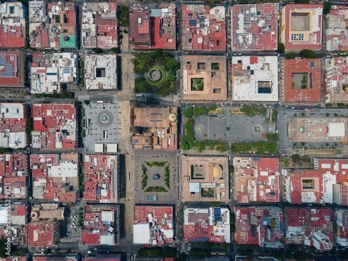 view from the sky, view from above the cross of squares in guadalajara mexico, public squares forming a cross in plan