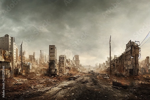 Empty ruined city. Post-apocalypse, houses and roads illustration. Generative AI