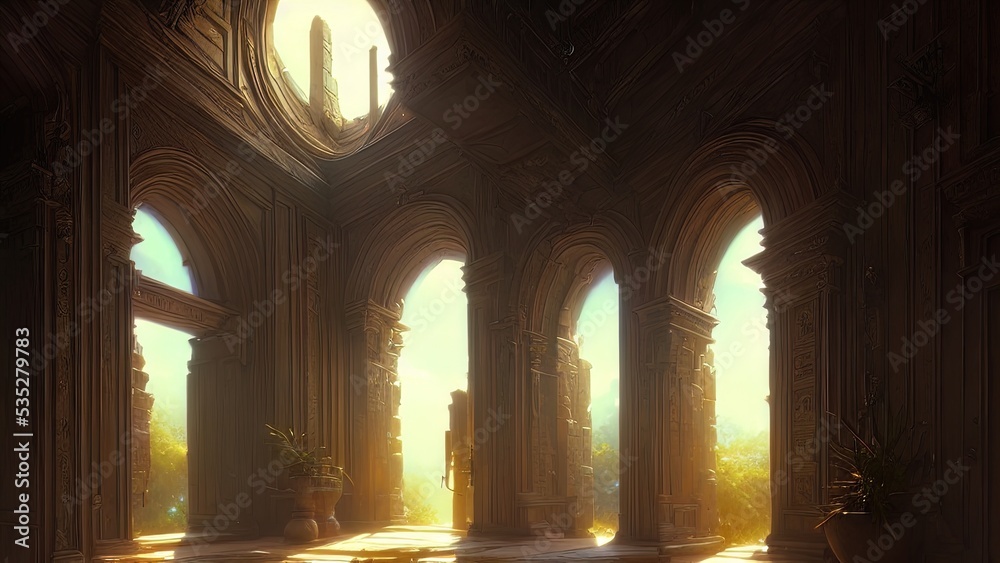 Large panoramic arched windows. Fantasy interior of the palace with windows to the garden. Rays of the sun, shadows. Majestic window. 3D illustration.