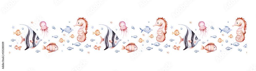 seamless border of sea cartoon animals. Blue watercolor ocean fish, turtle, whale and coral. Shell aquarium dolphin, crab octopus Nautical marine illustration, jellyfish, starfish