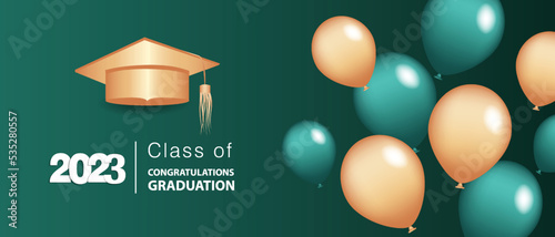 Congratulations on your graduation from school. Class of 2023. Graduation cap, confetti and balloons. Congratulatory banner. Academy of Education School of Learning