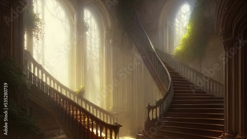 Staircase in the palace leading to the top. Large panoramic windows. Fantasy interior with a garden. Rays of the sun, shadows. Majestic staircase. 3D illustration.