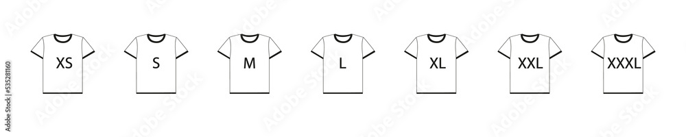 T-shirt size vector icon set. Size From XS to 3XL. Isolated vector illustration. eps10 T-shirt size vector icon set. Size From XS to 3XL. Isolated vector illustration. eps10