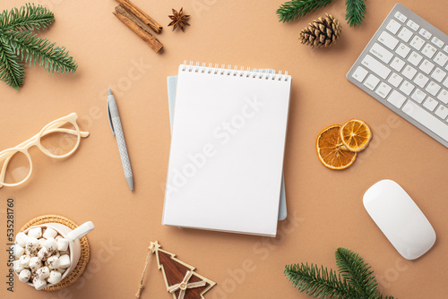 Top view photo of planner keyboard computer mouse fir wood ornament cup of hot drinking glasses pine cone branches cinnamon sticks and dried orange slices on isolated beige background with copyspace
