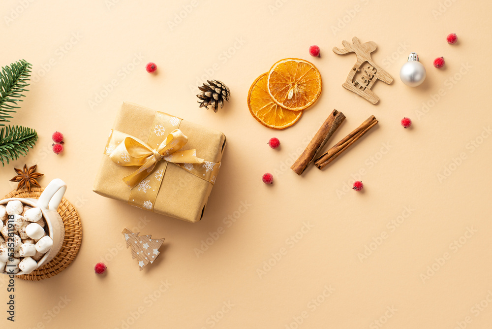 New Year concept. Top view photo of craft paper giftbox bauble wood reindeer ornament mug of cocoa with marshmallow pine branch cone cinnamon mistletoe dried orange slices on isolated beige background New Year concept. Top view photo of craft paper giftbox bauble wood reindeer ornament mug of cocoa with marshmallow pine branch cone cinnamon mistletoe dried orange slices on isolated beige background
