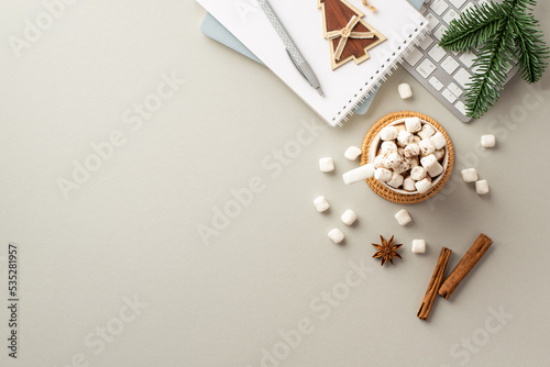 Winter holidays concept. Top view photo of keyboard notepads wood christmas tree ornament mug of cocoa scattered marshmallow pine branch anise and cinnamon sticks on isolated grey background photo