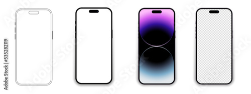 Set of realistic models smartphone with transparent screens. Smartphone mockup collection. Phone mockup in front. Mobile phone with shadow. Realistic, flat and line style. Vector EPS 10