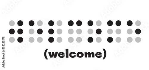 Slogan welcomme to blindness language, letter visual braille code or alphabet text. Braille is a reading and writing alphabet specially developed for the blind. Vector blind message sign. Dots reading