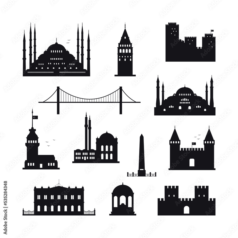 Istanbul Turkey concept. A set of silhouettes of Istanbul's architectural landmarks. Vector illustration on a white background.
