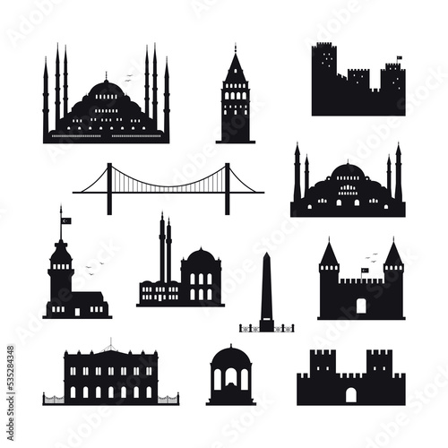 Istanbul Turkey concept. A set of silhouettes of Istanbul's architectural landmarks. Vector illustration on a white background. photo