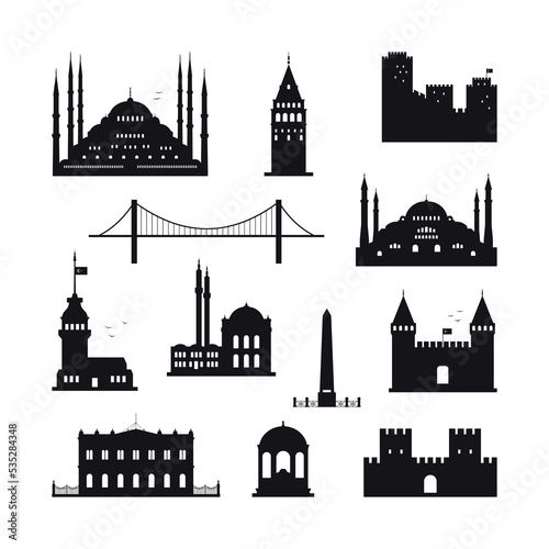 Istanbul Turkey concept. A set of silhouettes of Istanbul's architectural landmarks. Vector illustration on a white background.