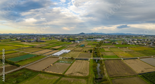 Panoramic view of fields and farms in fall harvest season