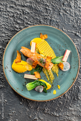 Roasted salmon steak with pumpkin cream and radish on blue plate on the table
