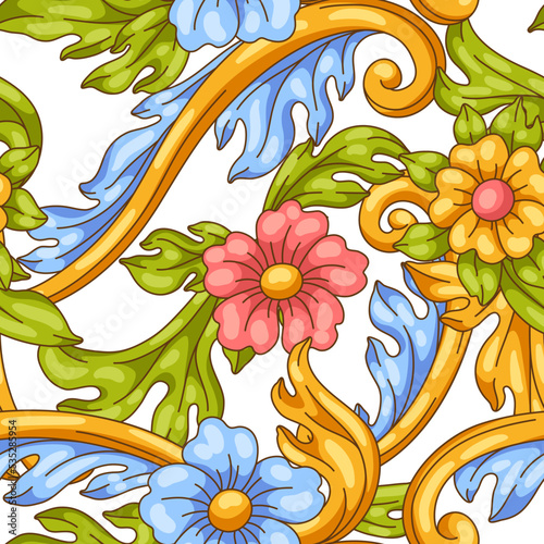Fototapeta Naklejka Na Ścianę i Meble -  Decorative floral seamless pattern in baroque style. Colorful curling plant.