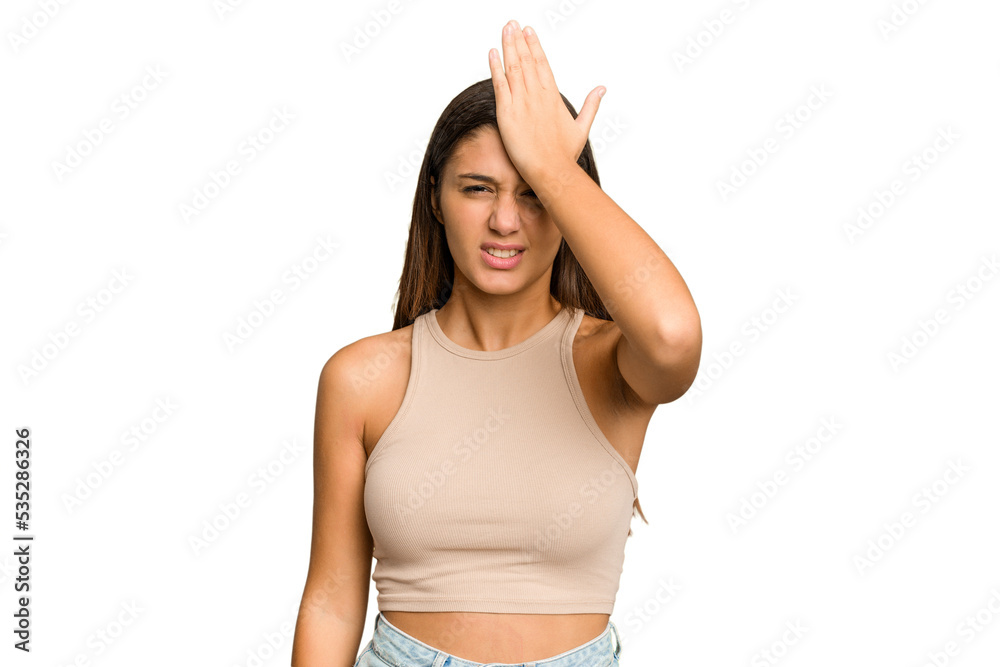 Young Indian woman isolated cutout removal background forgetting something, slapping forehead with palm and closing eyes. Young Indian woman isolated cutout removal background forgetting something, slapping forehead with palm and closing eyes.