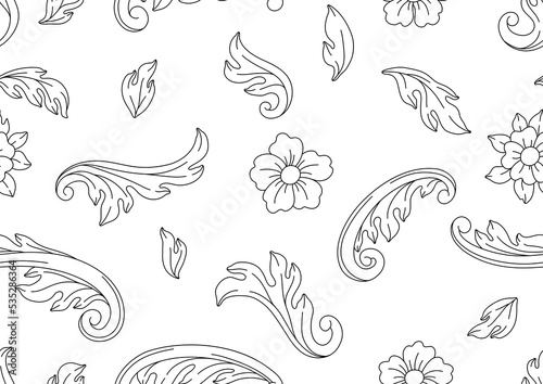 Decorative floral seamless pattern in baroque style. Black curling plant.