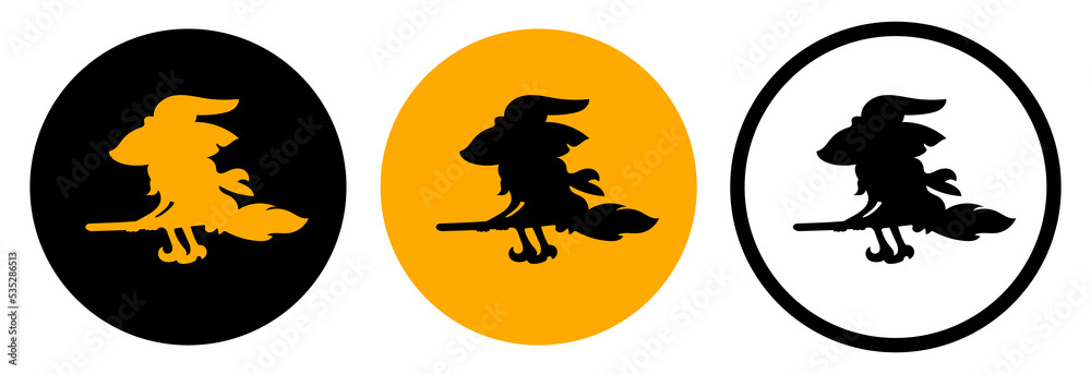 Silhouette of a witch on the background of the moon. Vector clipart isolated on white background.