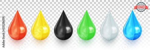 Set of multicolored droplets on a transparent background. Realistic 3d vector icons