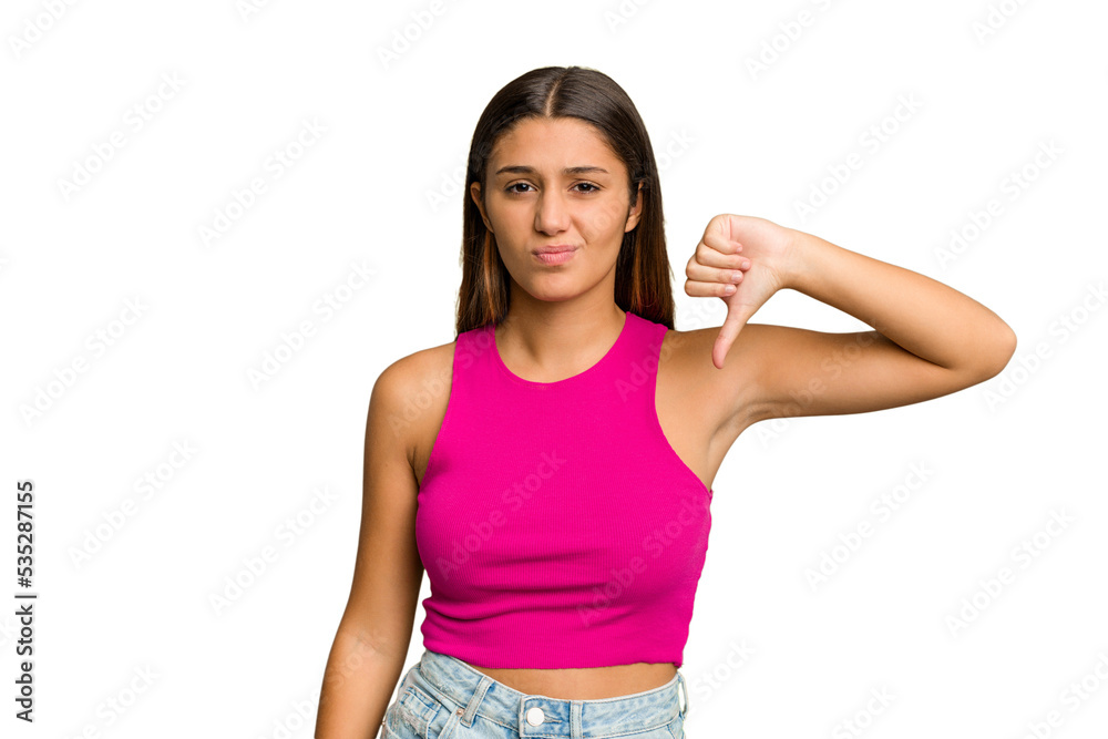 Young Indian woman isolated cutout removal background showing thumb down, disappointment concept.