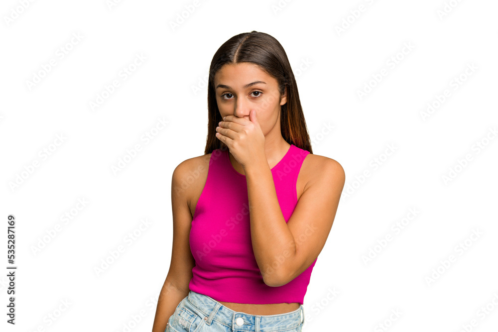 Young Indian woman isolated cutout removal background covering mouth with hands looking worried. Young Indian woman isolated cutout removal background covering mouth with hands looking worried.