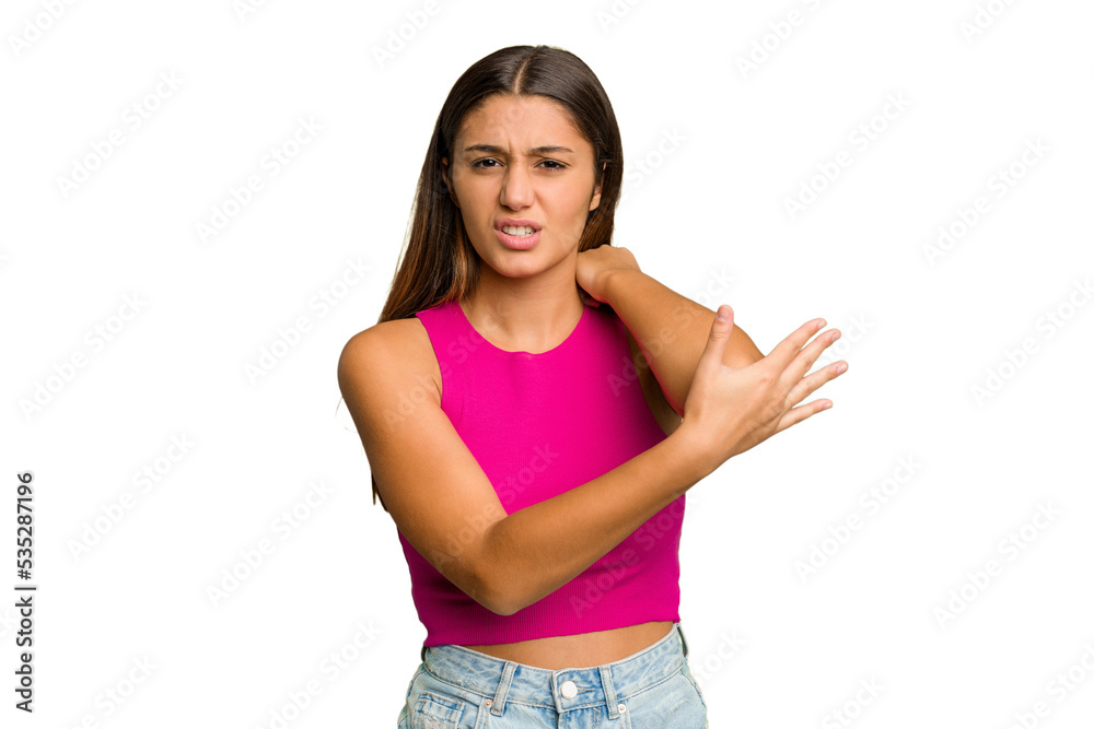Young Indian woman isolated cutout removal background massaging elbow, suffering after a bad movement. Young Indian woman isolated cutout removal background massaging elbow, suffering after a bad movement.
