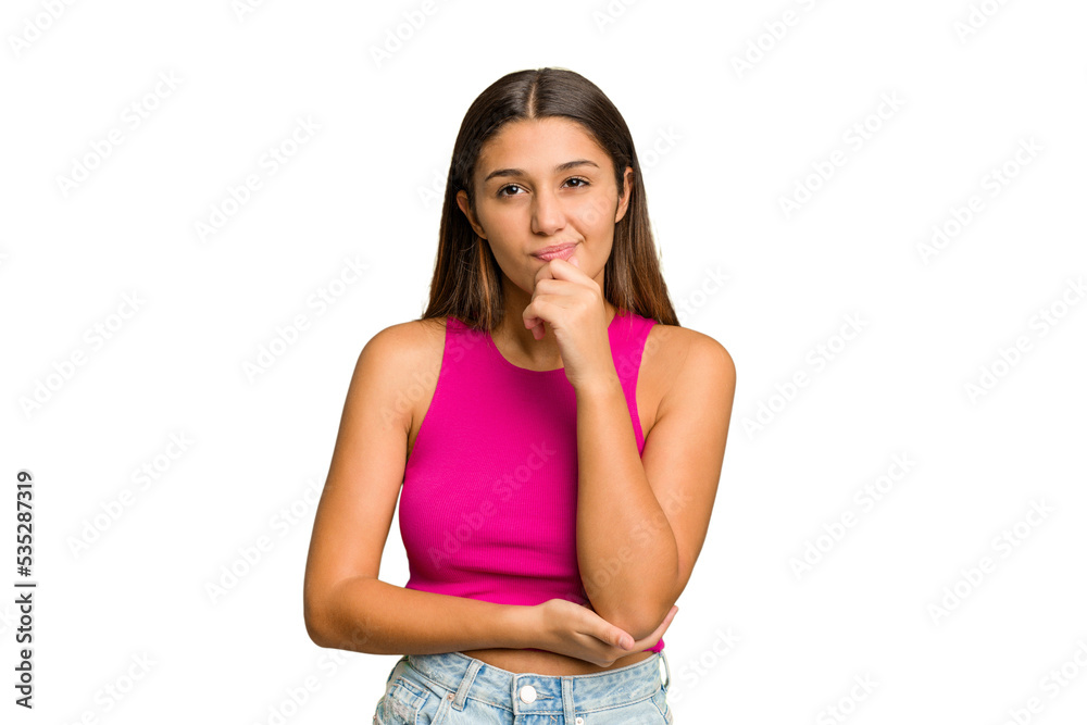 Young Indian woman isolated cutout removal background looking sideways with doubtful and skeptical expression. Young Indian woman isolated cutout removal background looking sideways with doubtful and skeptical expression.