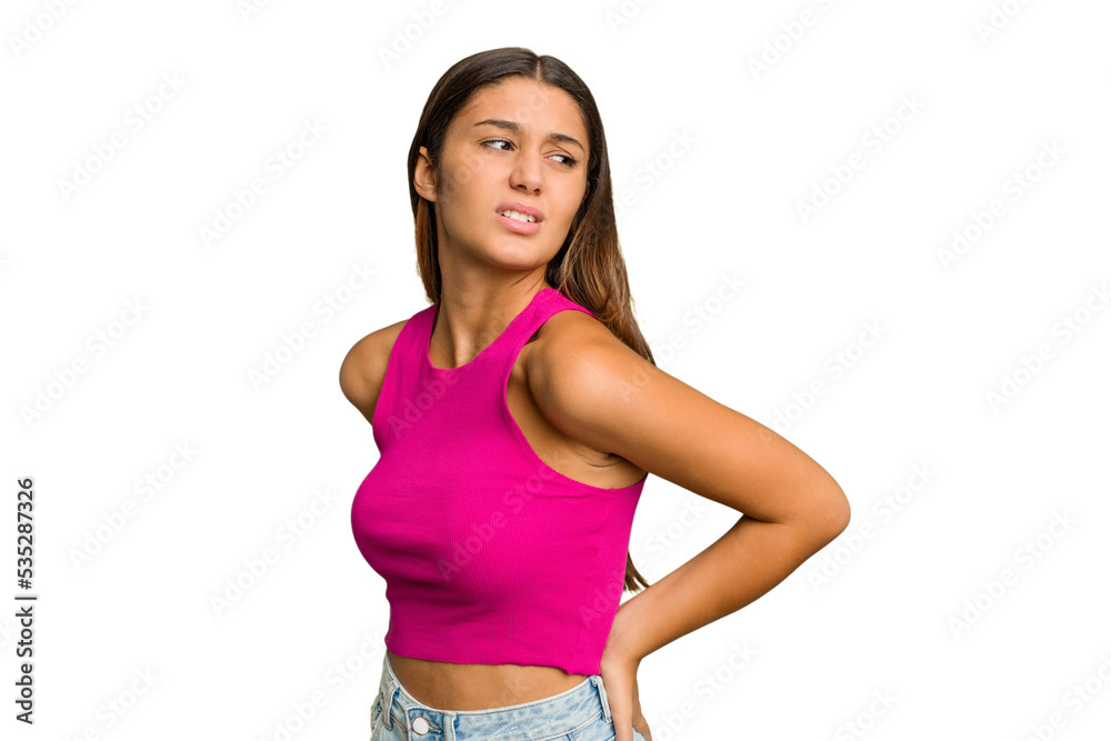 Young Indian woman isolated cutout removal background suffering a back pain. Young Indian woman isolated cutout removal background suffering a back pain.