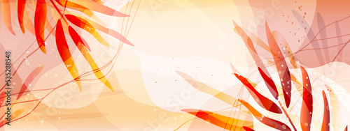 Exotic abstract sunny calming background with tropical leaves and stems. Beautiful modern templates for placing text, promotions, advertising, promotions in soothing yellow-orange colors. 