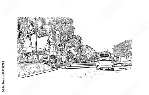 Building view with landmark of Oxnard is the city in California. Hand drawn sketch illustration in vector.