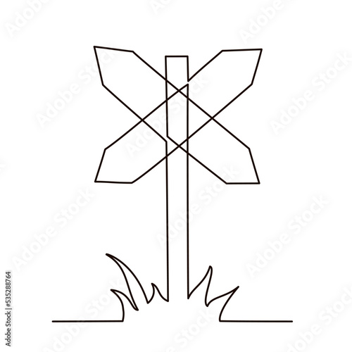 Rail Road Crossing Sign Continuous Line Drawing with grass One Line Vector Illustration Isolated on a white background.